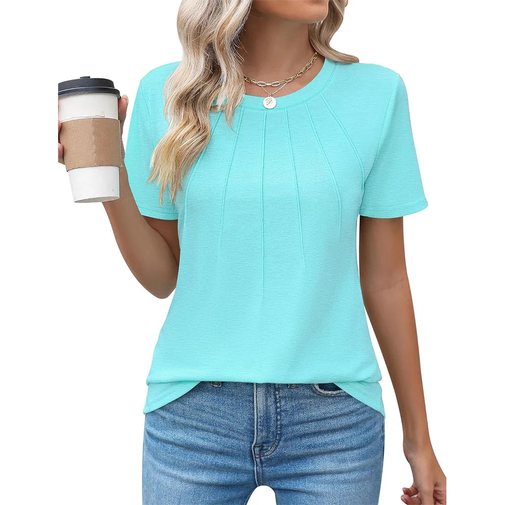 Blusas femininas casuais com gola redonda e mangas curtas plissadas