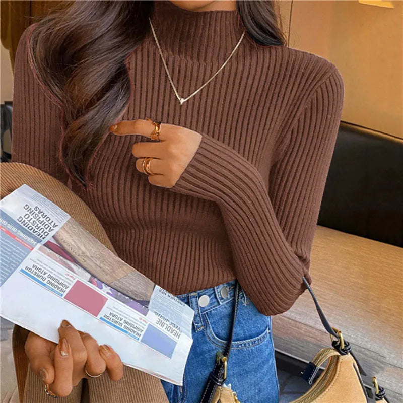 Blusa feminina de manga longa com gola alta, estilo Harajuku. Pulôver de malha fina, ajuste magro e elástico, básico e sólido, perfeito para compor looks simples.