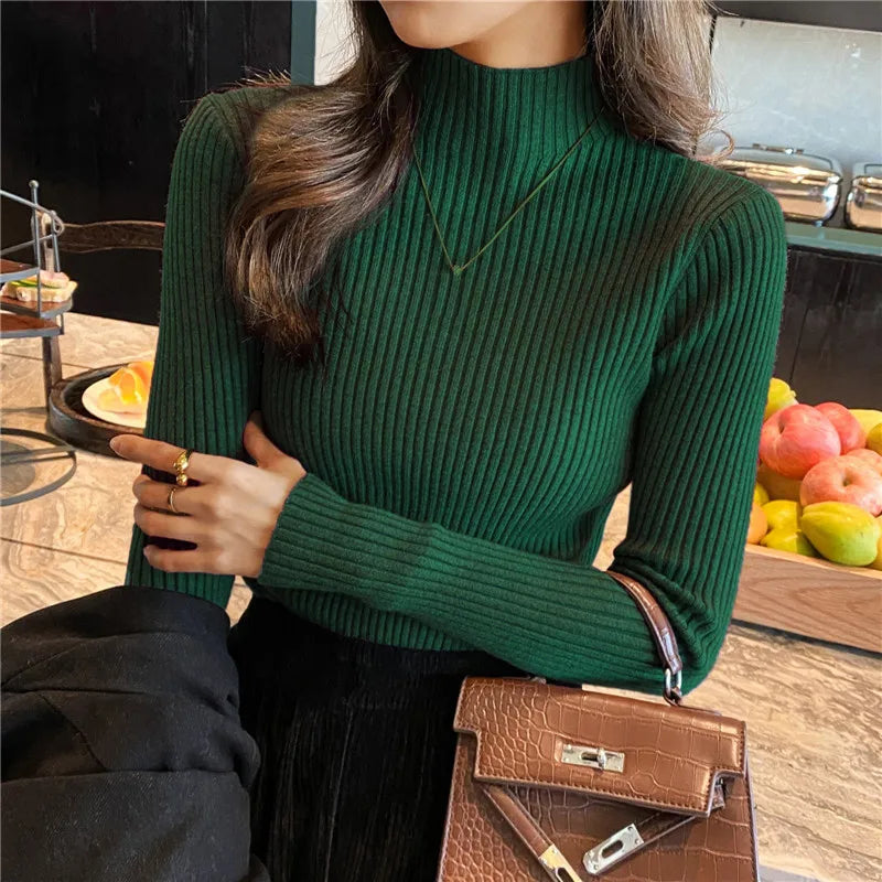 Blusa feminina de manga longa com gola alta, estilo Harajuku. Pulôver de malha fina, ajuste magro e elástico, básico e sólido, perfeito para compor looks simples.