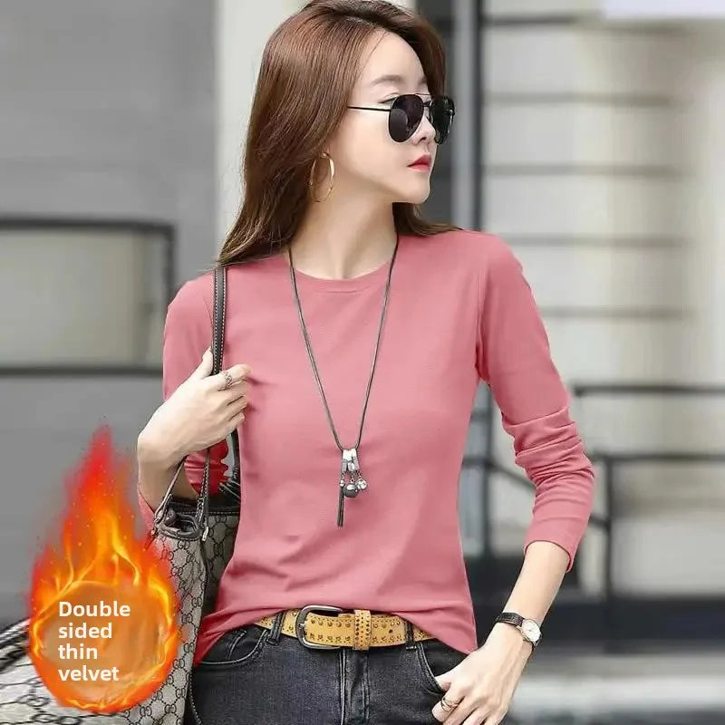 Camiseta feminina slim fit de manga longa com gola redonda, estilo simples e elegante, decorada com detalhes em linha, perfeita para o outono e inverno, feita de poliéster.