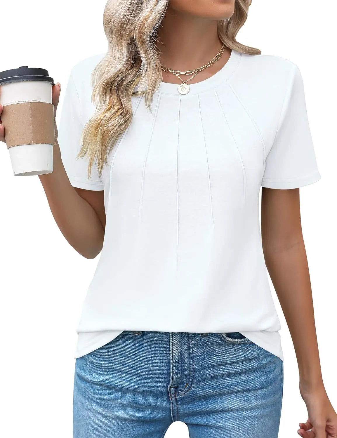 Blusas femininas casuais com gola redonda e mangas curtas plissadas
