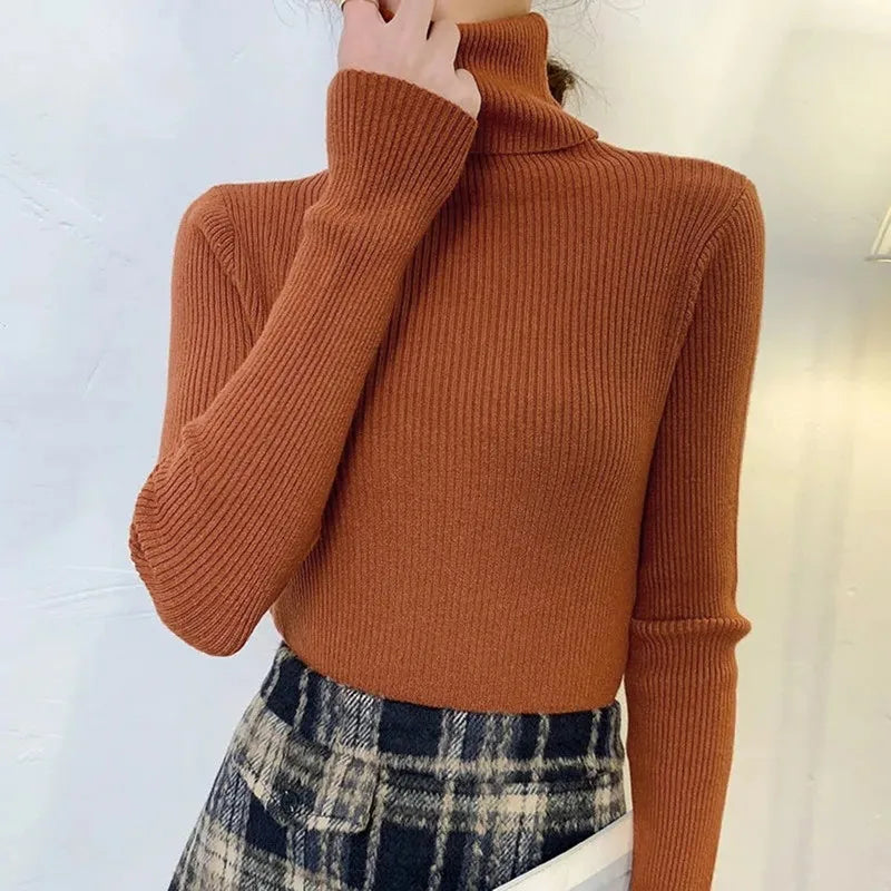 Blusa feminina de manga longa com gola alta, estilo Harajuku. Pulôver de malha fina, ajuste magro e elástico, básico e sólido, perfeito para compor looks simples.