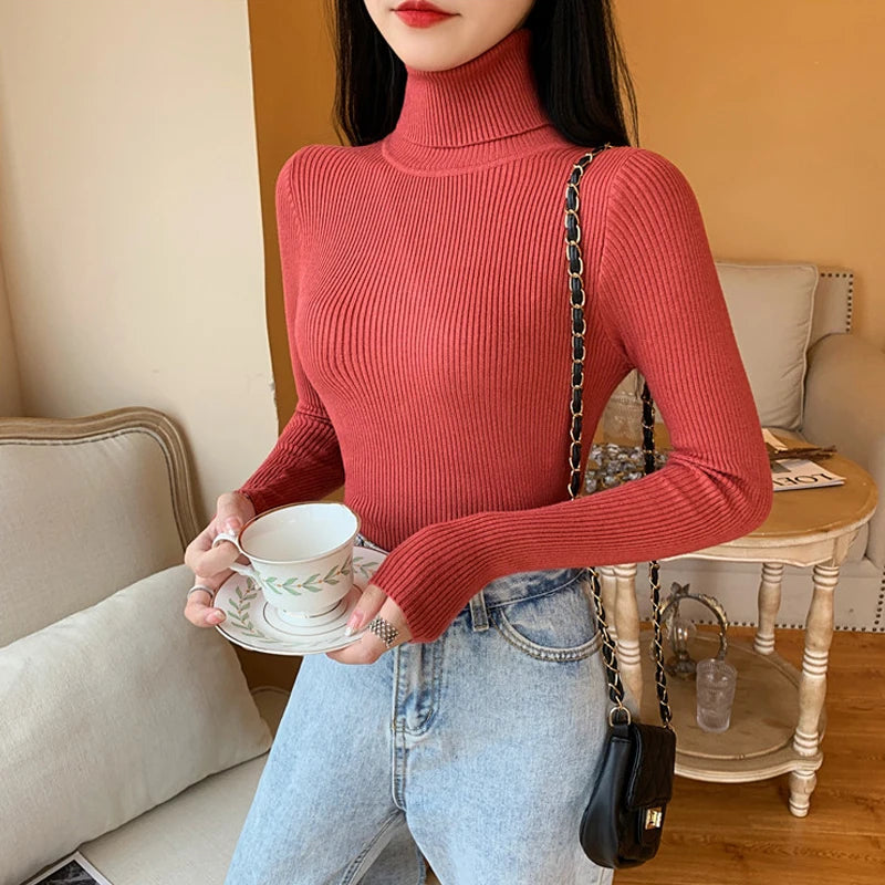 Blusa Feminina de Malha – Outono/Inverno 2025! Prepare-se para os dias mais frios com estilo! Nossa blusa de manga longa apresenta uma gola alta dobrável com delicadas nervuras, oferecendo um toque de elegância.