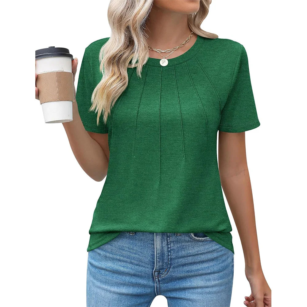 Blusas femininas casuais com gola redonda e mangas curtas plissadas