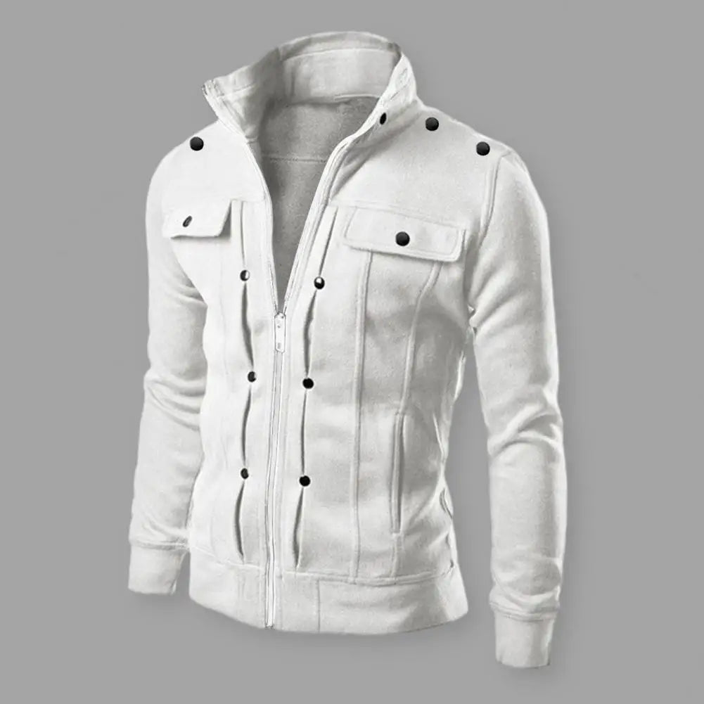 Jaqueta Masculina  - Vestuário Externo em Cor Sólida, com Gola, Fecho de Botões e Zíper, Ideal para Primavera e Outono, Modelo Longo para Homens.