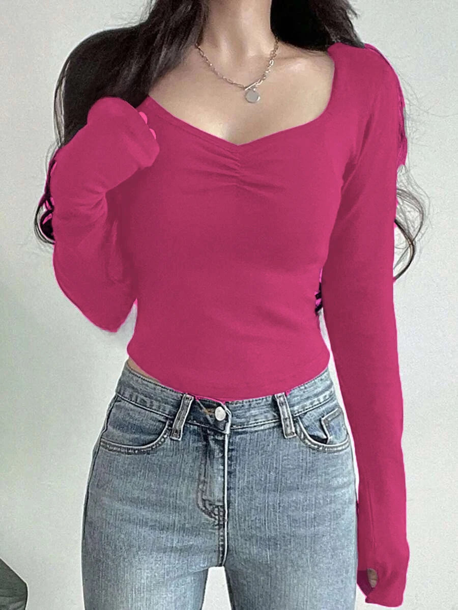 Camisetas femininas de manga longa – Camisas básicas justas com decote em V, sexy e na moda para o outono.