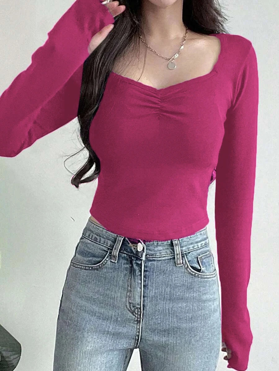 Camisetas femininas de manga longa – Camisas básicas justas com decote em V, sexy e na moda para o outono.