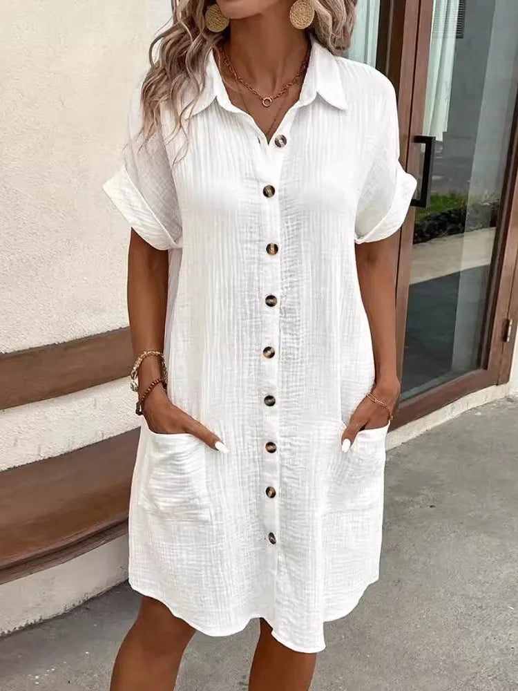 Vestido feminino de verão 2025, nova moda simples e sexy, com decote em V, botão único, mangas curtas e bolsos.