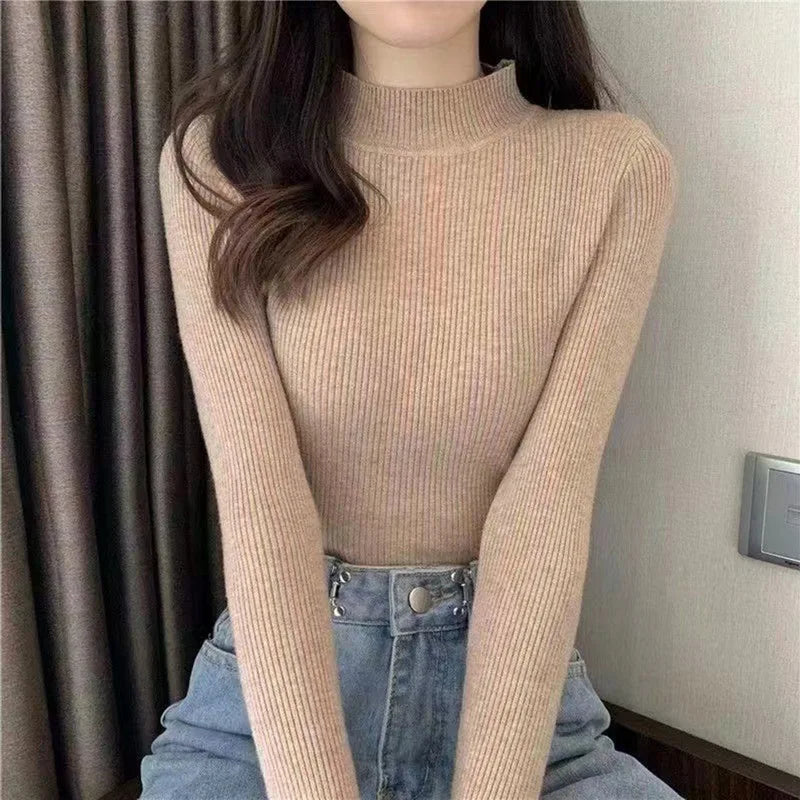 Blusa feminina de manga longa com gola alta, estilo Harajuku. Pulôver de malha fina, ajuste magro e elástico, básico e sólido, perfeito para compor looks simples.