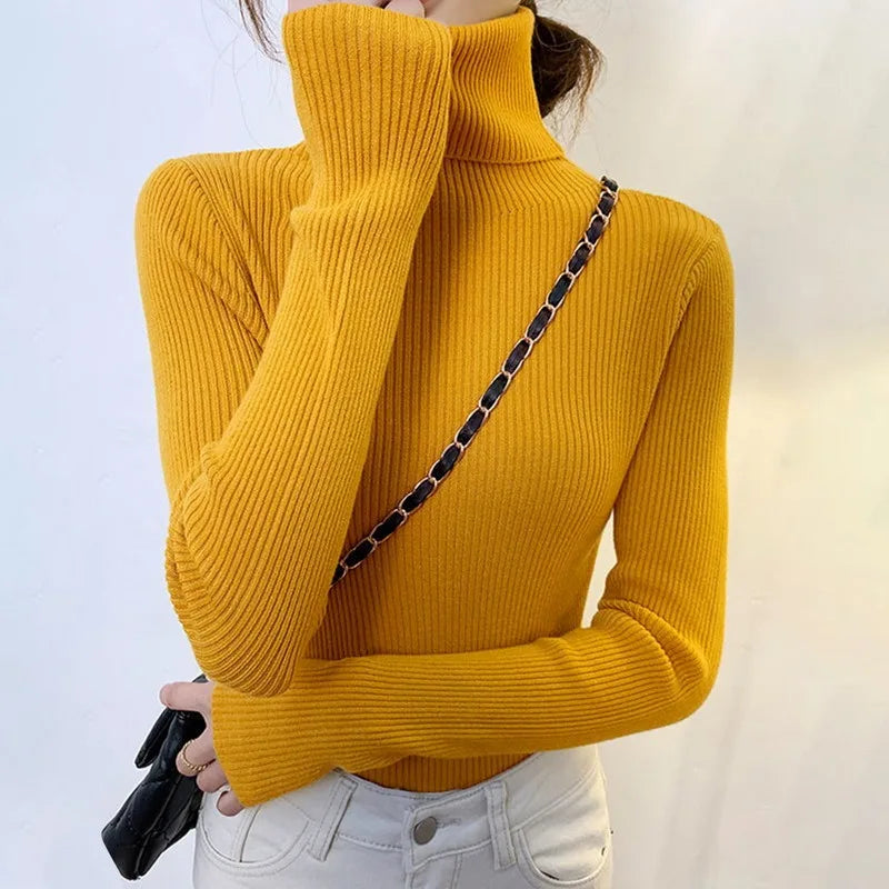 Blusa feminina de manga longa com gola alta, estilo Harajuku. Pulôver de malha fina, ajuste magro e elástico, básico e sólido, perfeito para compor looks simples.