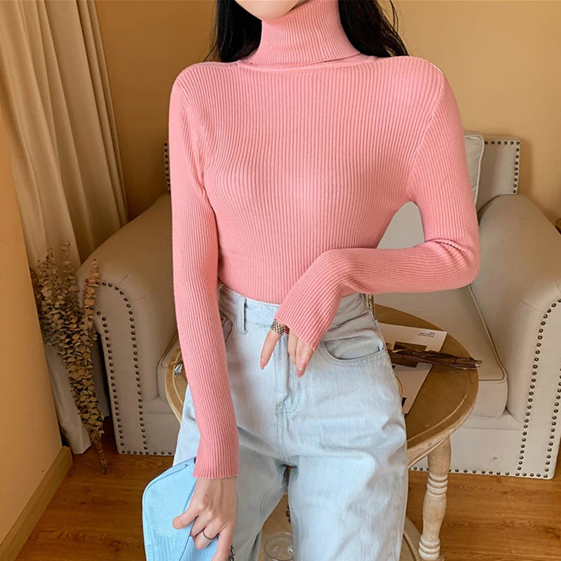 Blusa Feminina de Malha – Outono/Inverno 2025! Prepare-se para os dias mais frios com estilo! Nossa blusa de manga longa apresenta uma gola alta dobrável com delicadas nervuras, oferecendo um toque de elegância.