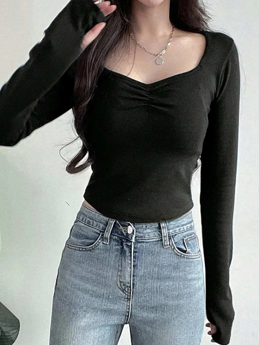 Camisetas femininas de manga longa – Camisas básicas justas com decote em V, sexy e na moda para o outono.