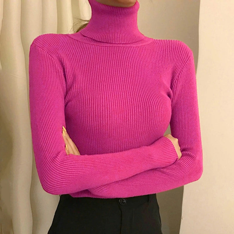 Blusa feminina de manga longa com gola alta, estilo Harajuku. Pulôver de malha fina, ajuste magro e elástico, básico e sólido, perfeito para compor looks simples.