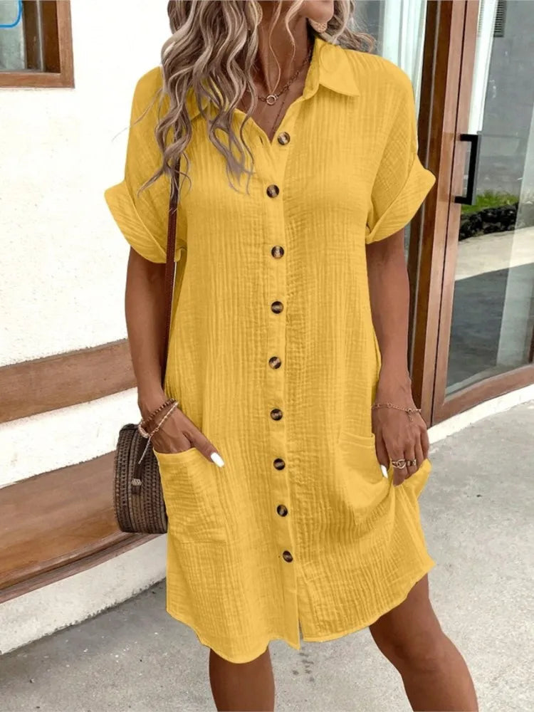 Vestido feminino de verão 2025, nova moda simples e sexy, com decote em V, botão único, mangas curtas e bolsos.