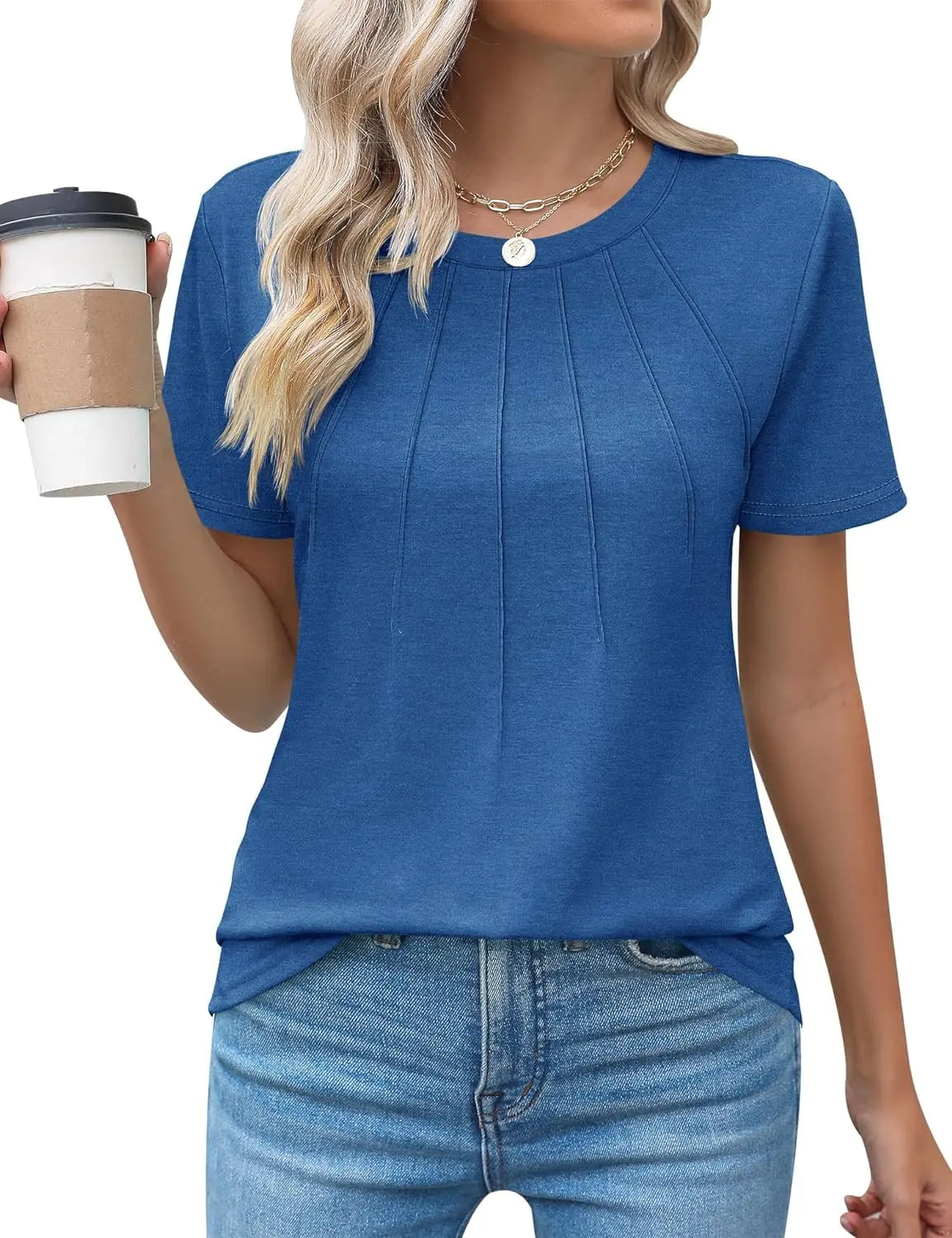 Blusas femininas casuais com gola redonda e mangas curtas plissadas
