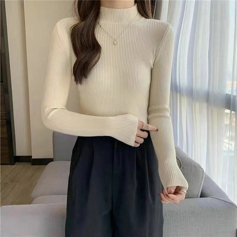 Blusa feminina de manga longa com gola alta, estilo Harajuku. Pulôver de malha fina, ajuste magro e elástico, básico e sólido, perfeito para compor looks simples.