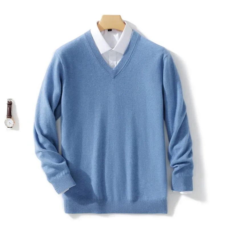 Blusa de caxemira macia masculina, ideal para outono e inverno, com decote em V e ajuste confortável, perfeita para looks casuais e de negócios.