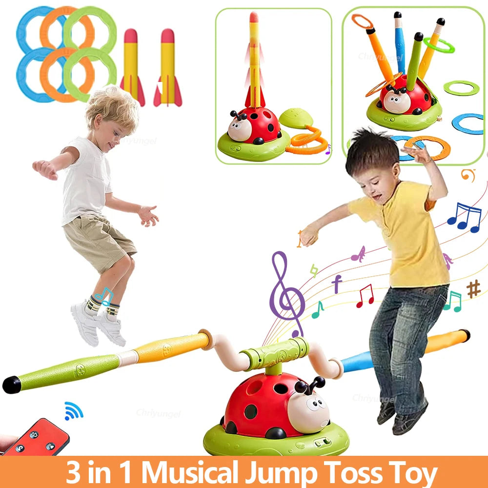 Brinquedo 3 em 1 Esportivo e Interativo – Joaninha Musical com Jogo de Arremesso de Anel, Pulo Divertido e Lançador de Foguetes