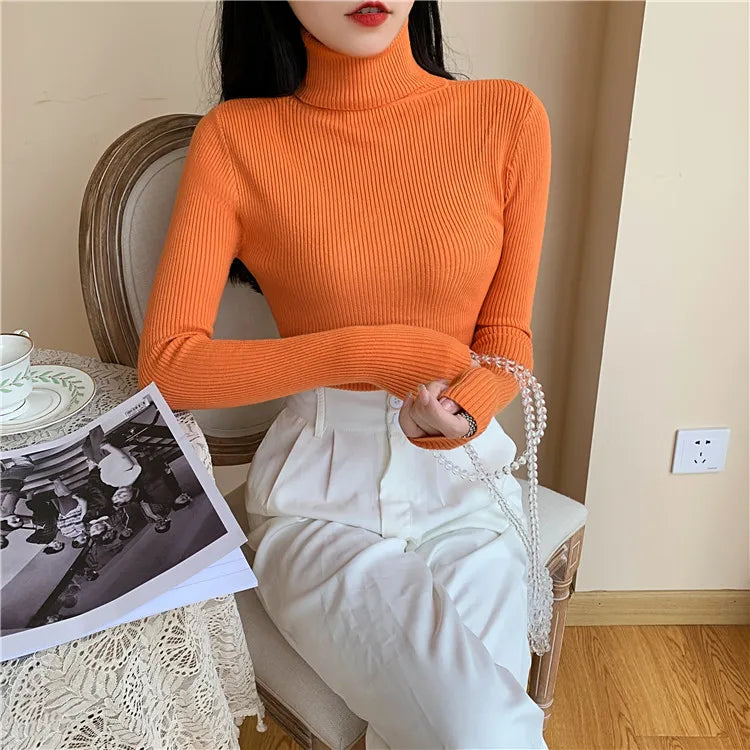 Blusa Feminina de Outono/Inverno 2025: Pulôver de Malha com Manga Longa, Gola Alta e Nervuras, Dobrável, Macia e Quente.