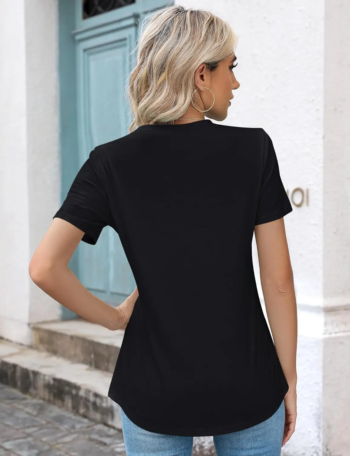 Blusas femininas casuais com gola redonda e mangas curtas plissadas