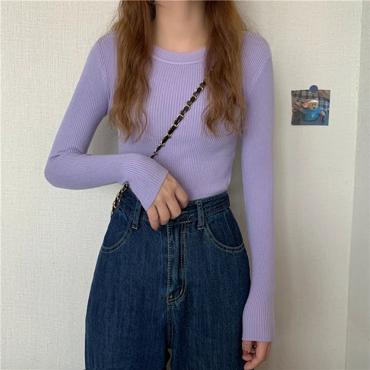 Nova blusa feminina 2025 para outono e inverno, manga longa, pulôver básico com pescoço elástico e estilo sólido em malha jumper.