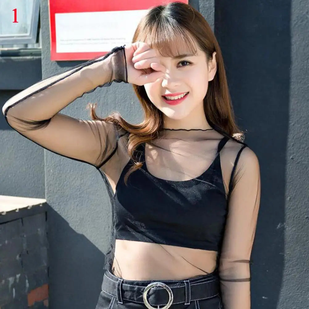 Blusa feminina de renda com camiseta de fundo, primavera e outono, manga longa, malha colheita. Topo estilo estrangeiro, sexy, com detalhes ocos e gola alta.