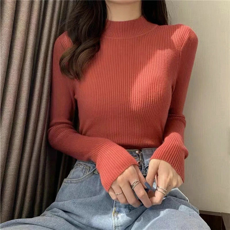 Blusa feminina de manga longa com gola alta, estilo Harajuku. Pulôver de malha fina, ajuste magro e elástico, básico e sólido, perfeito para compor looks simples.