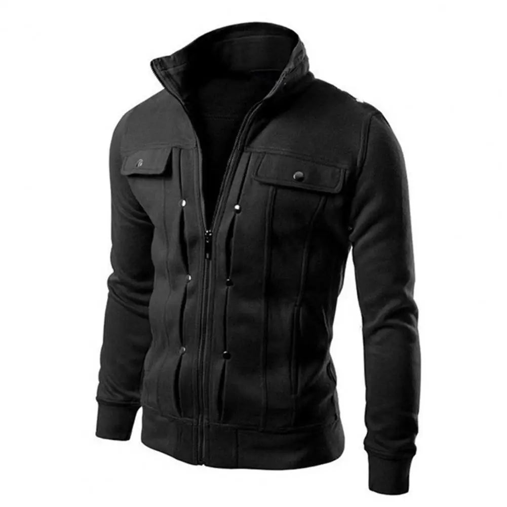 Jaqueta Masculina  - Vestuário Externo em Cor Sólida, com Gola, Fecho de Botões e Zíper, Ideal para Primavera e Outono, Modelo Longo para Homens.