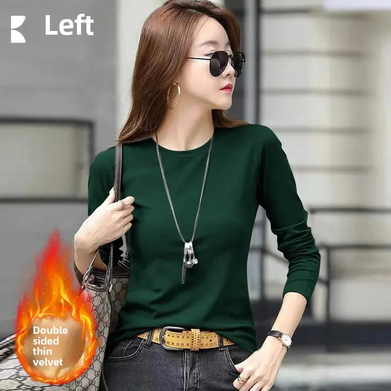 Camiseta feminina slim fit de manga longa com gola redonda, estilo simples e elegante, decorada com detalhes em linha, perfeita para o outono e inverno, feita de poliéster.