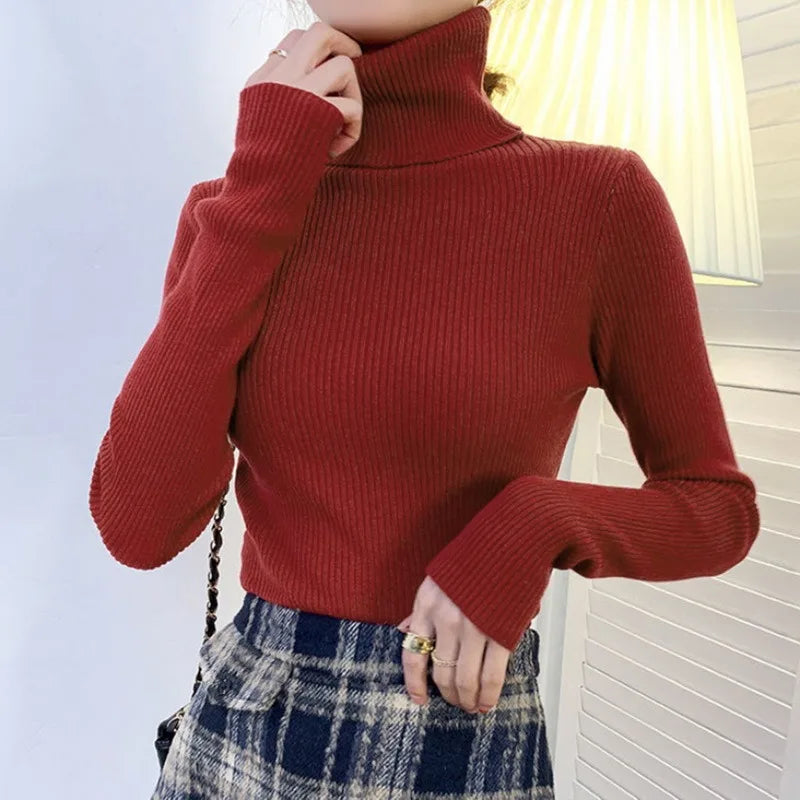 Blusa feminina de manga longa com gola alta, estilo Harajuku. Pulôver de malha fina, ajuste magro e elástico, básico e sólido, perfeito para compor looks simples.