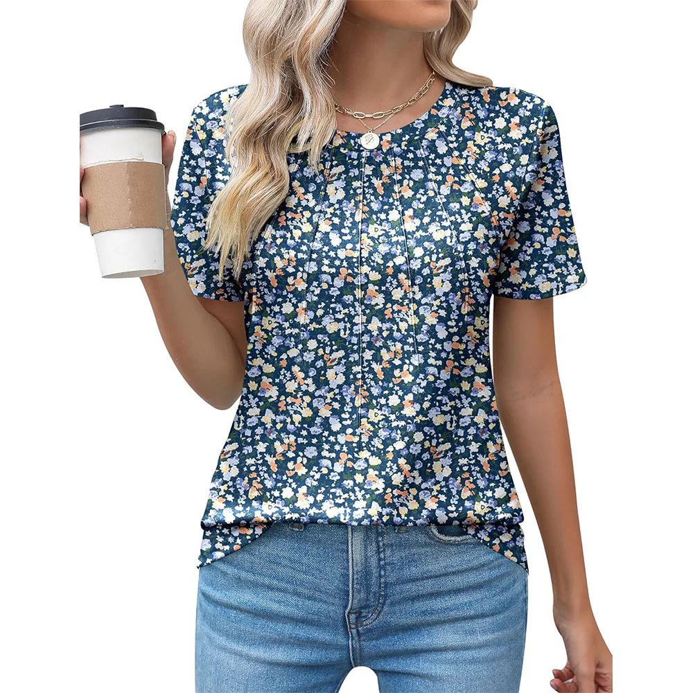 Blusas femininas casuais com gola redonda e mangas curtas plissadas