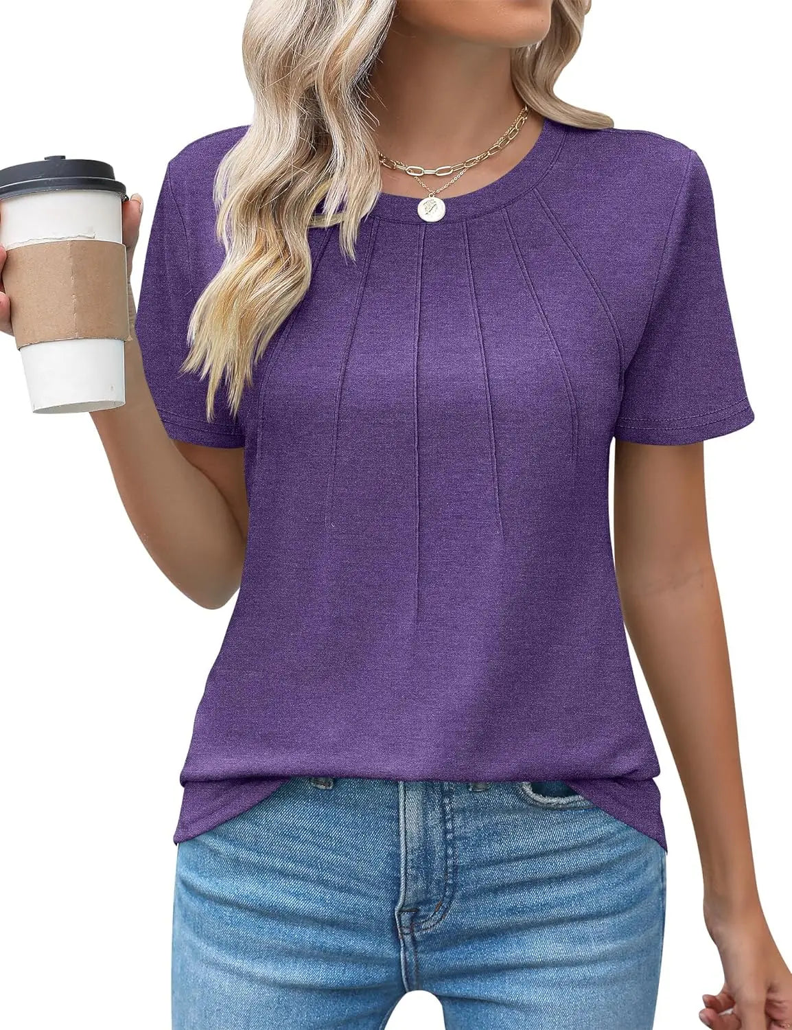 Blusas femininas casuais com gola redonda e mangas curtas plissadas