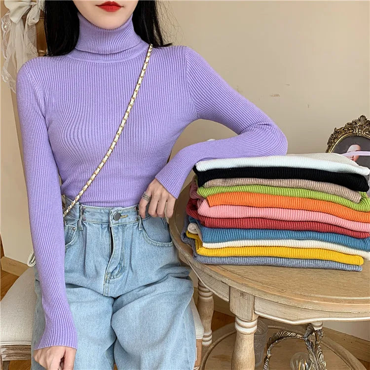 Blusa Feminina de Outono/Inverno 2025: Pulôver de Malha com Manga Longa, Gola Alta e Nervuras, Dobrável, Macia e Quente.