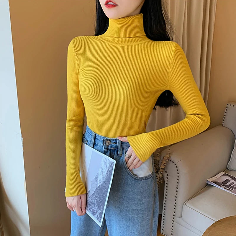 Blusa Feminina de Outono/Inverno 2025: Pulôver de Malha com Manga Longa, Gola Alta e Nervuras, Dobrável, Macia e Quente.