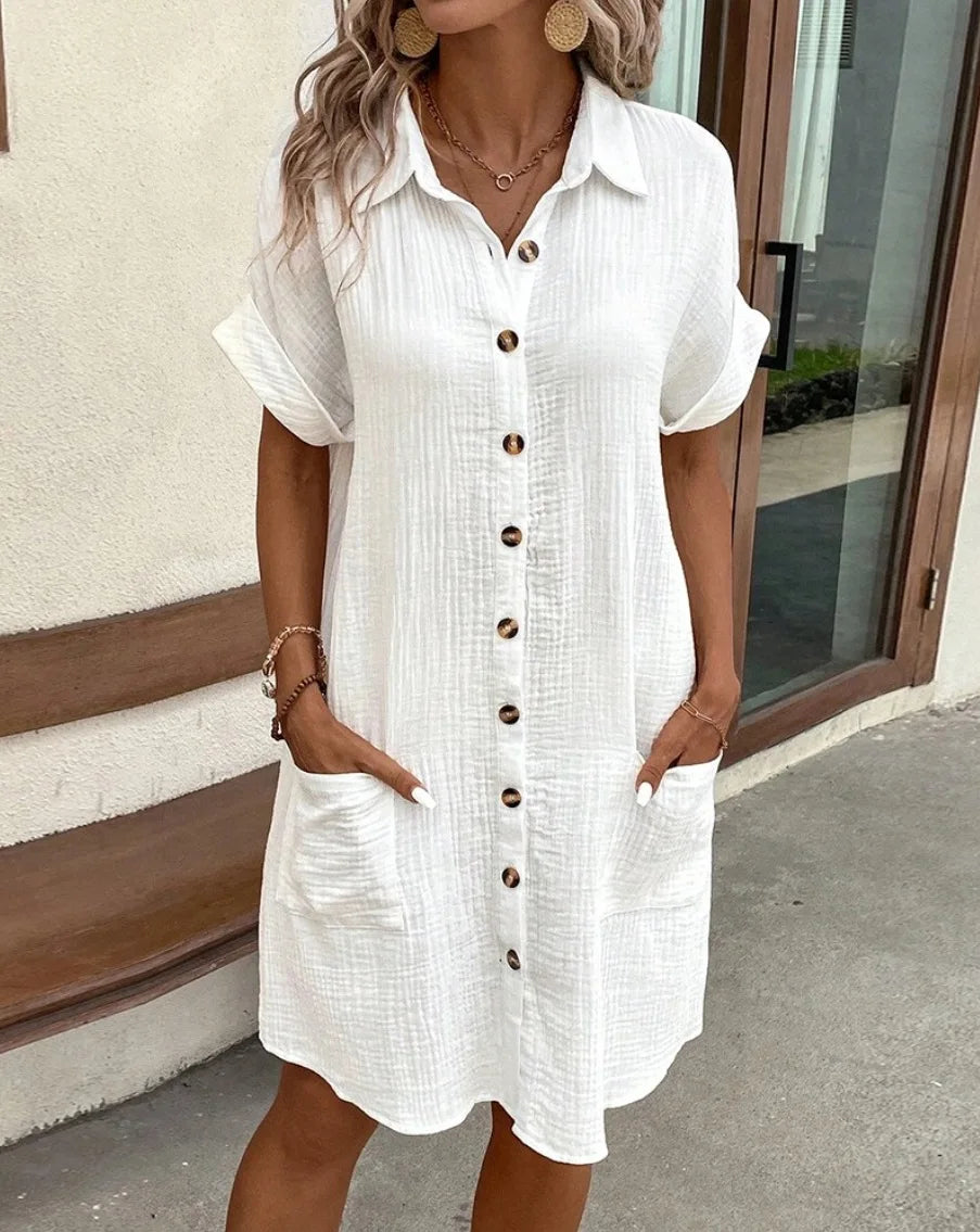 Vestido feminino de verão 2025, nova moda simples e sexy, com decote em V, botão único, mangas curtas e bolsos.