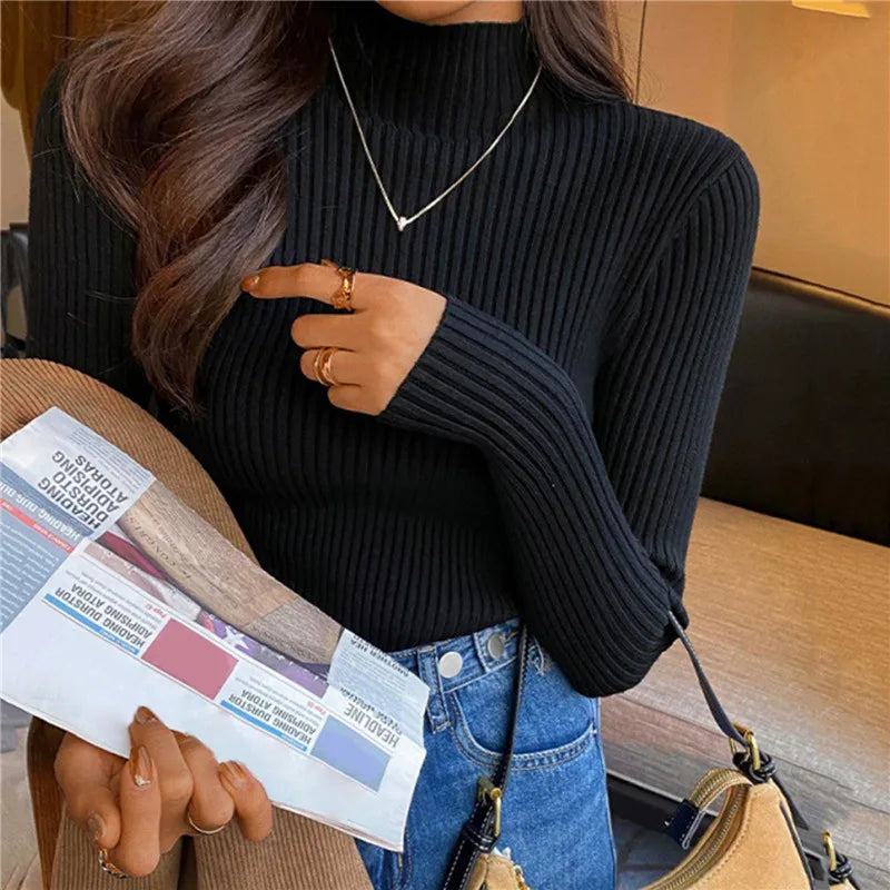 Blusa feminina de manga longa com gola alta, estilo Harajuku. Pulôver de malha fina, ajuste magro e elástico, básico e sólido, perfeito para compor looks simples.