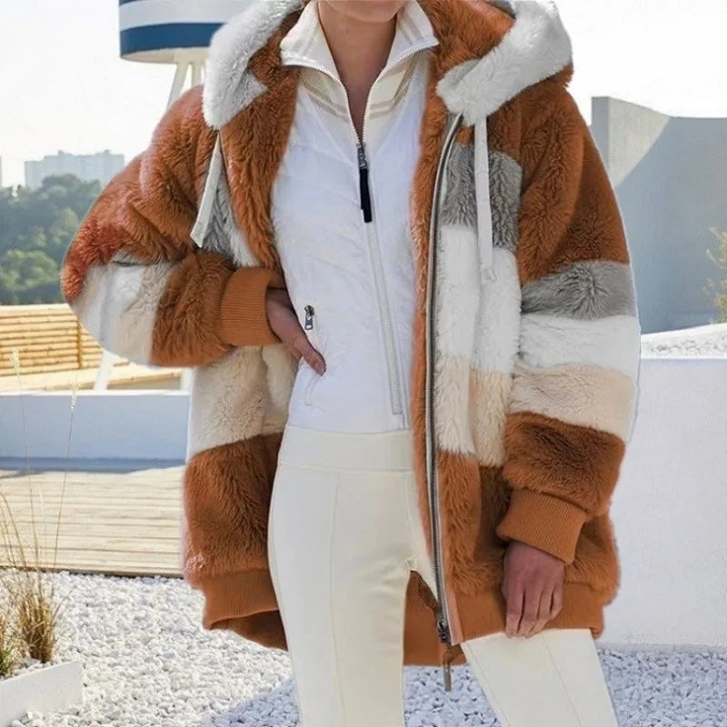 Jaqueta Oversized Feminina - Nova para Outono e Inverno de 2023, Quente, com Bolso de Pelúcia e Capuz, Estilo Streetwear, Solta, Roupas Externas para Mulheres.