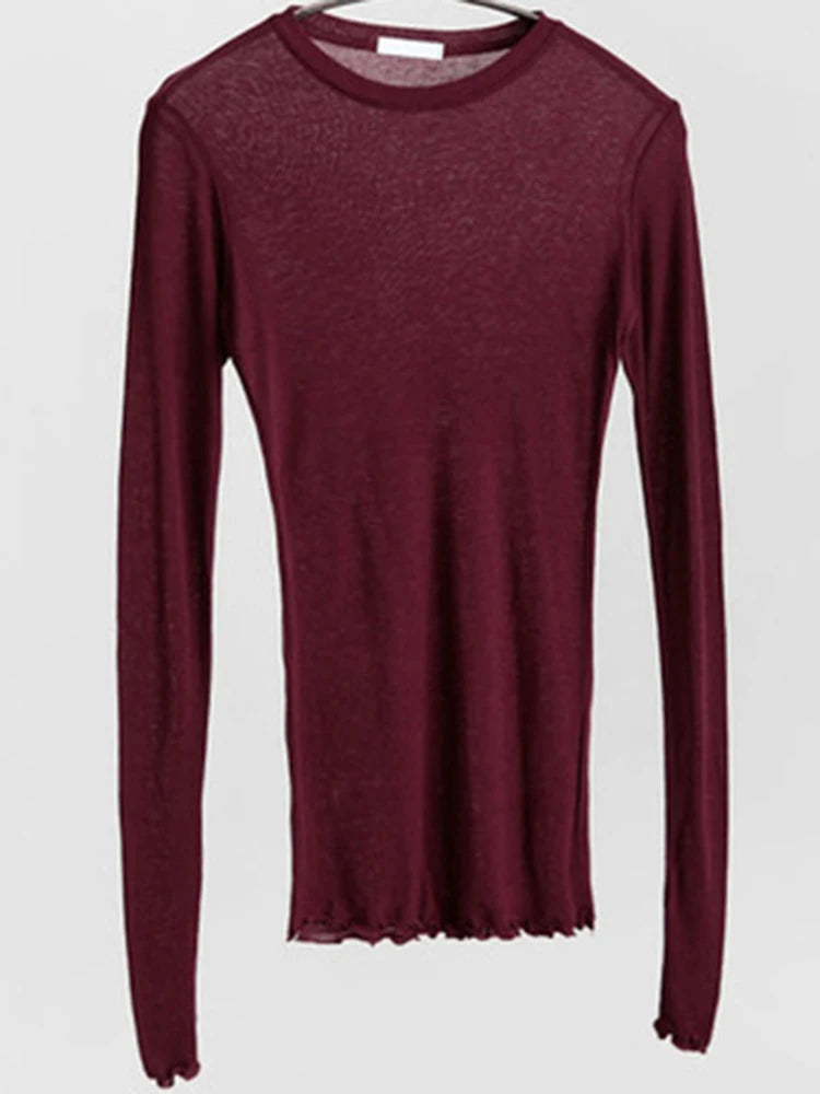 Camisa feminina básica de alta qualidade, elástica e simples. Camisetas femininas casuais, com manga longa e design sexy, em tecido fino e transparente.