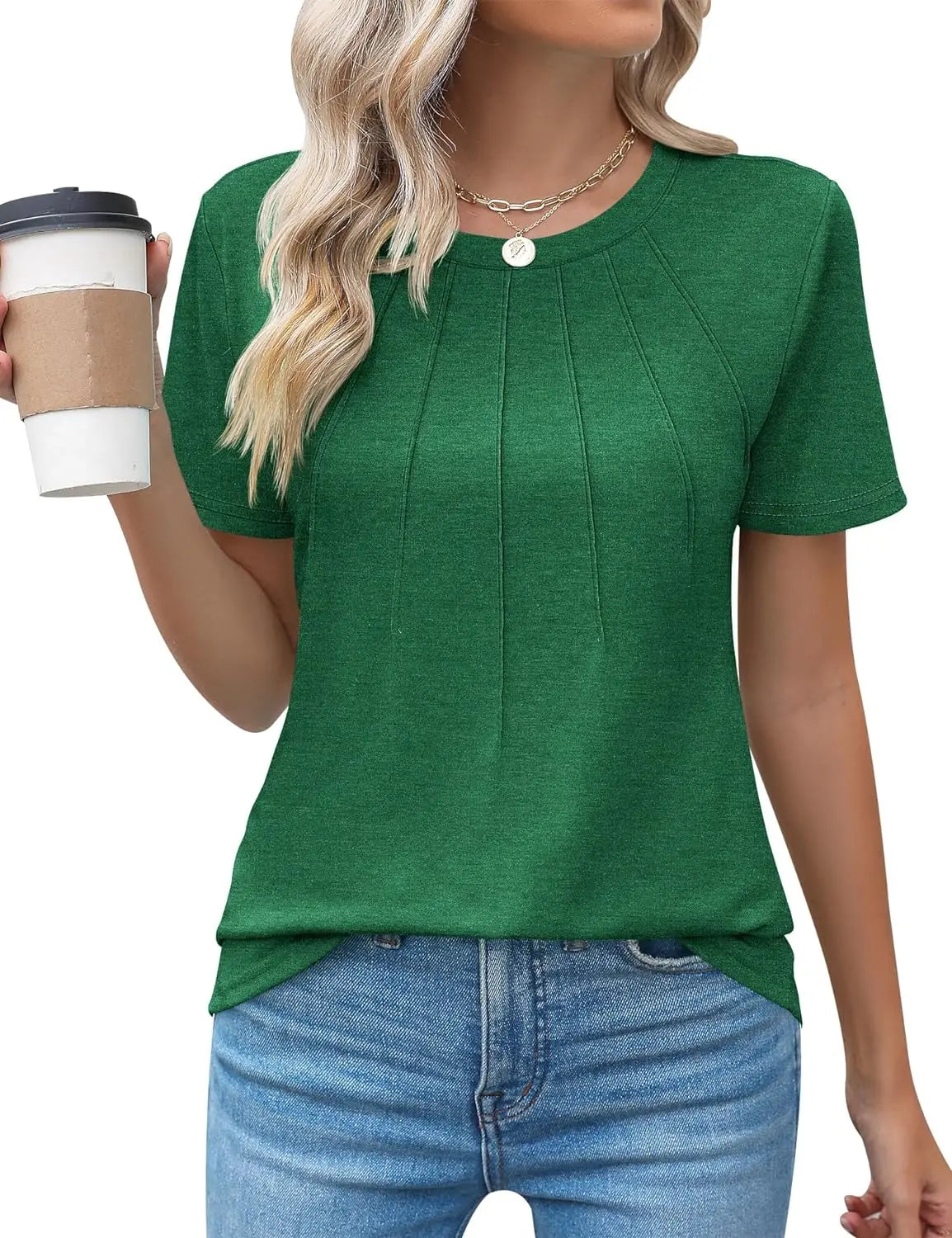 Blusas femininas casuais com gola redonda e mangas curtas plissadas