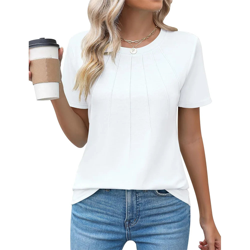 Blusas femininas casuais com gola redonda e mangas curtas plissadas