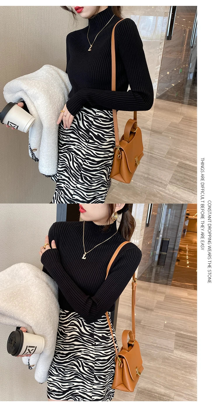 Blusa feminina de malha com manga longa e gola alta, ideal para o inverno. Pulôver fino, perfeito para compor looks modernos.
