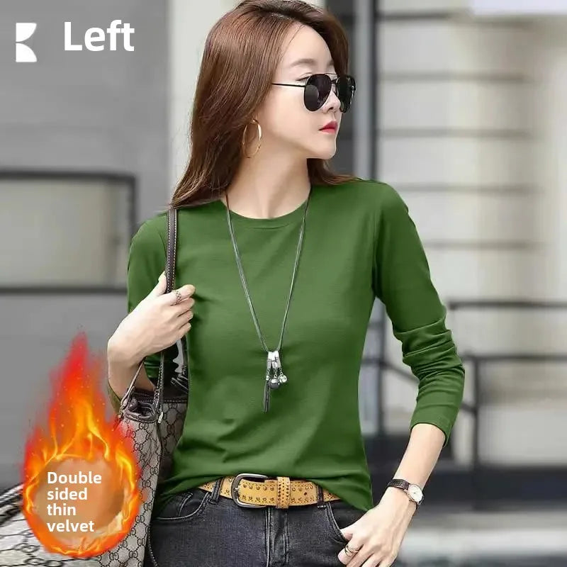 Camiseta feminina slim fit de manga longa com gola redonda, estilo simples e elegante, decorada com detalhes em linha, perfeita para o outono e inverno, feita de poliéster.