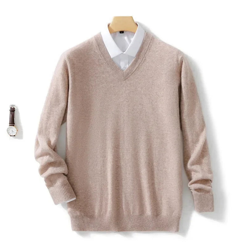 Blusa de caxemira macia masculina, ideal para outono e inverno, com decote em V e ajuste confortável, perfeita para looks casuais e de negócios.