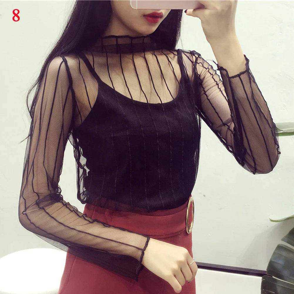 Blusa feminina de renda com camiseta de fundo, primavera e outono, manga longa, malha colheita. Topo estilo estrangeiro, sexy, com detalhes ocos e gola alta.