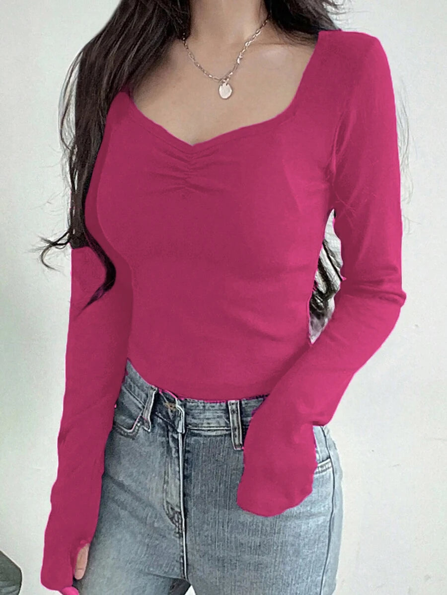 Camisetas femininas de manga longa – Camisas básicas justas com decote em V, sexy e na moda para o outono.
