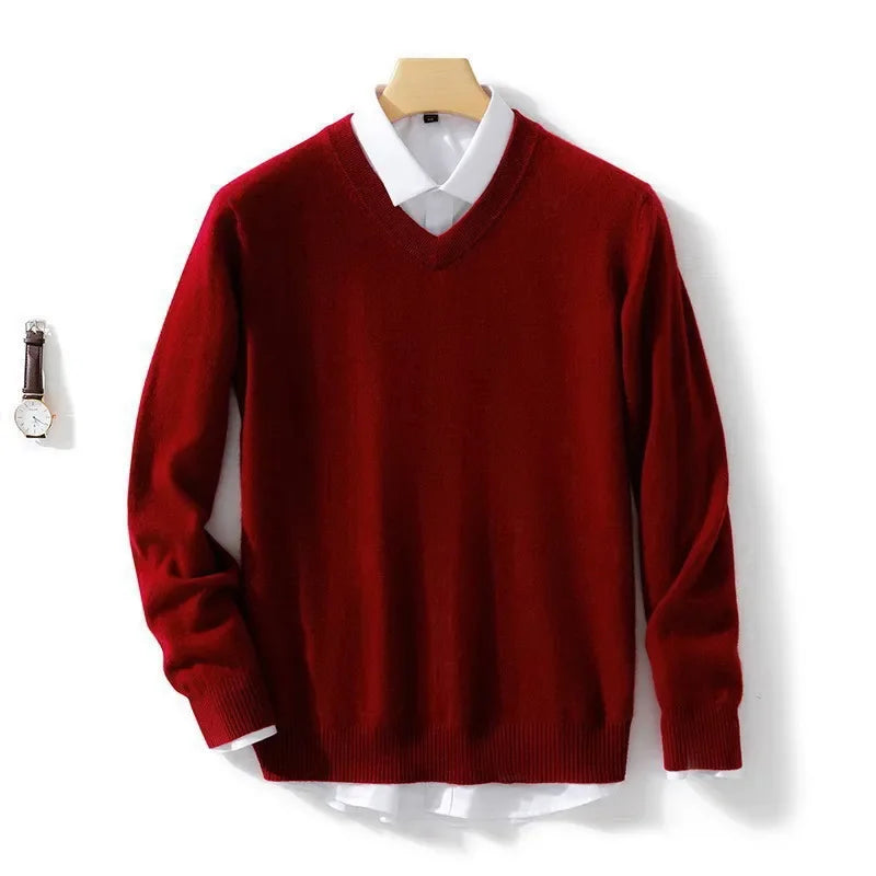 Blusa de caxemira macia masculina, ideal para outono e inverno, com decote em V e ajuste confortável, perfeita para looks casuais e de negócios.