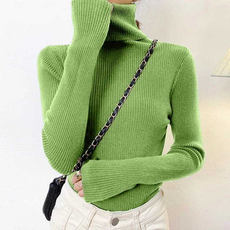 Blusa feminina de manga longa com gola alta, estilo Harajuku. Pulôver de malha fina, ajuste magro e elástico, básico e sólido, perfeito para compor looks simples.