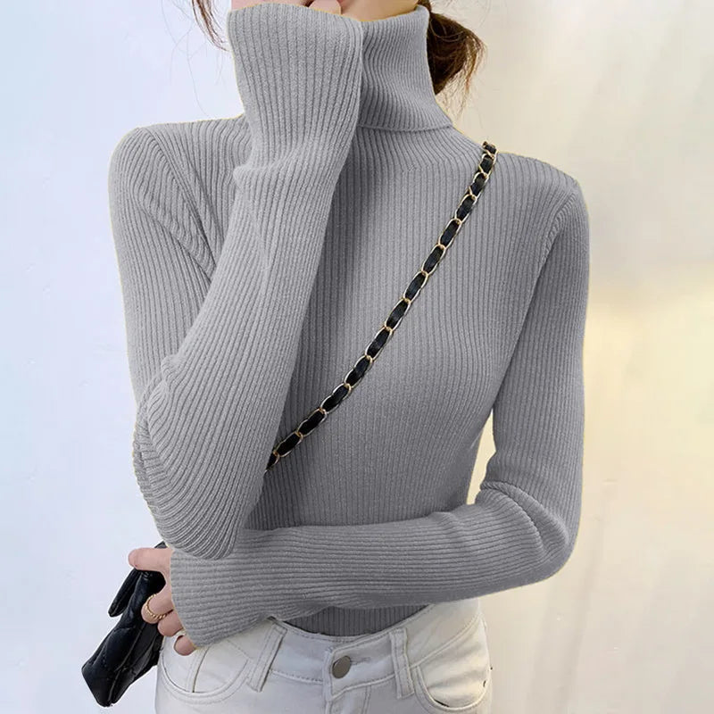 Blusa feminina de manga longa com gola alta, estilo Harajuku. Pulôver de malha fina, ajuste magro e elástico, básico e sólido, perfeito para compor looks simples.