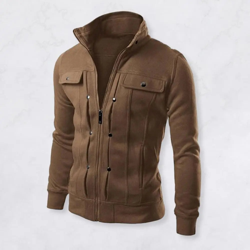 Jaqueta Masculina  - Vestuário Externo em Cor Sólida, com Gola, Fecho de Botões e Zíper, Ideal para Primavera e Outono, Modelo Longo para Homens.