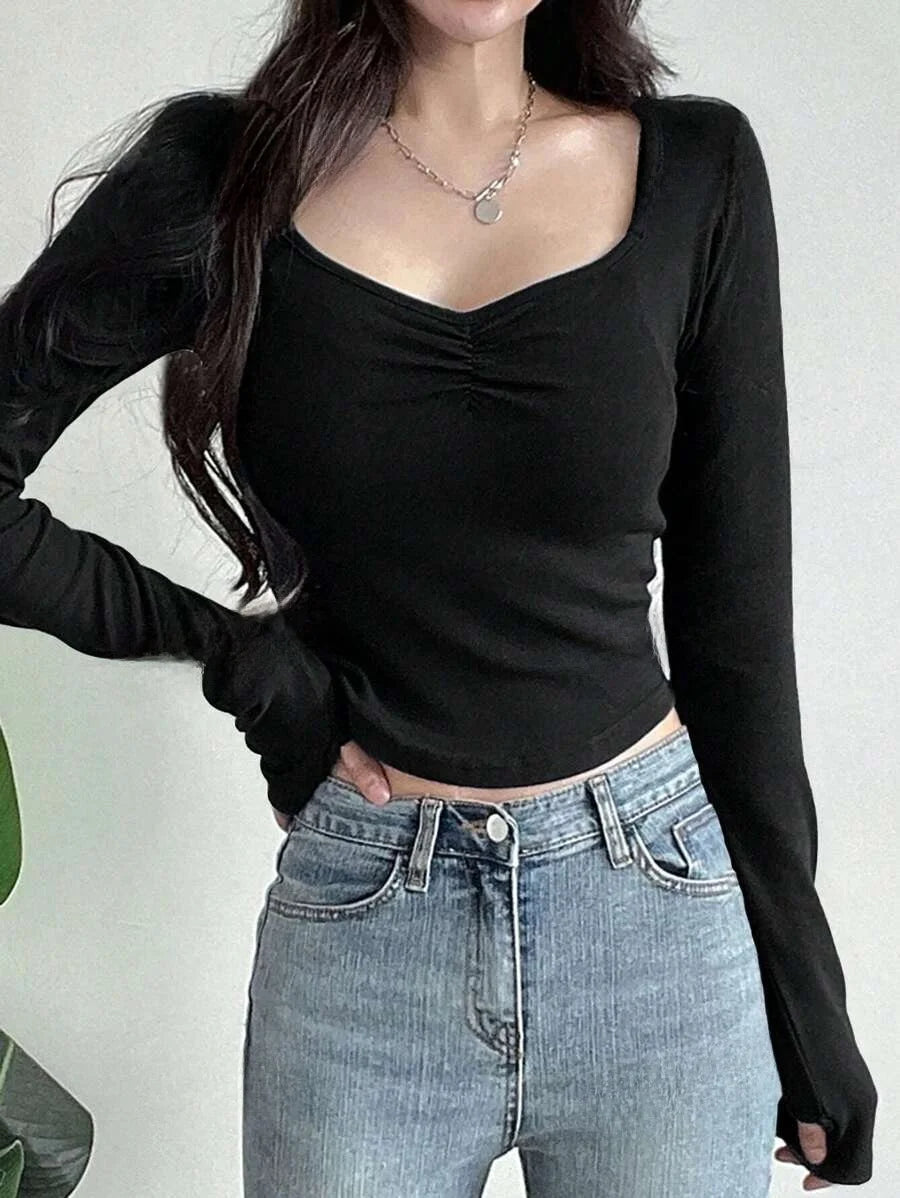 Camisetas femininas de manga longa – Camisas básicas justas com decote em V, sexy e na moda para o outono.
